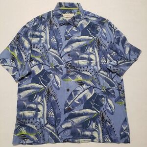 Tommy Bahama Hawaiian Shirt 100% Silk Blue Floral Pattern Beach Mens‎ Large